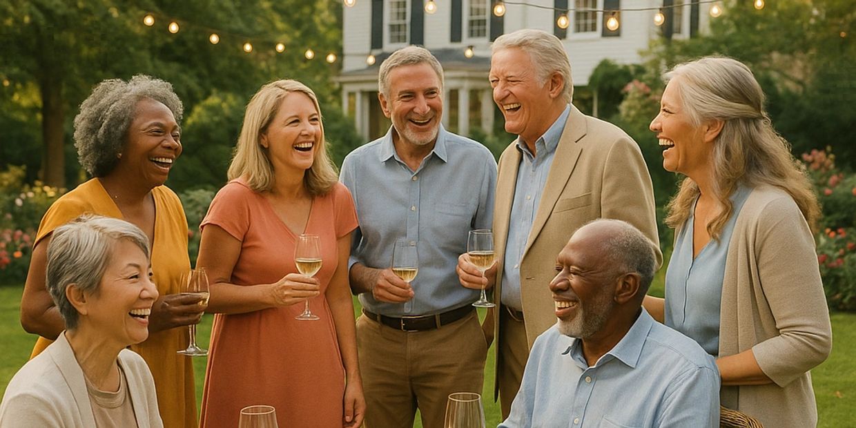 Older adults and friends sharing conversation at a salon gathering