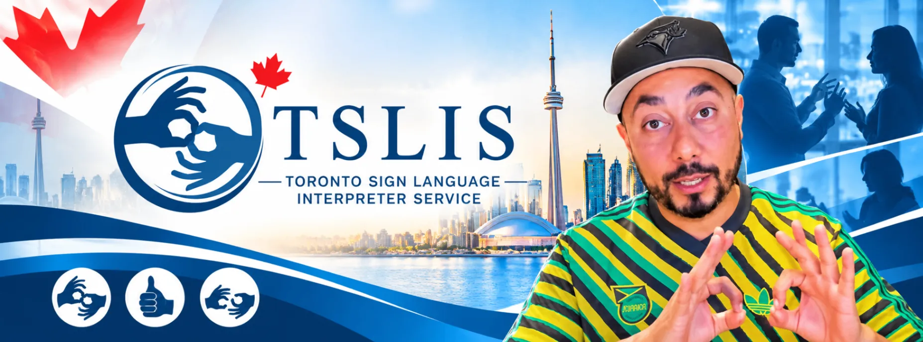 Toronto Sign Language Interpreter Service banner featuring Christopher Desloges and the Toronto skyline